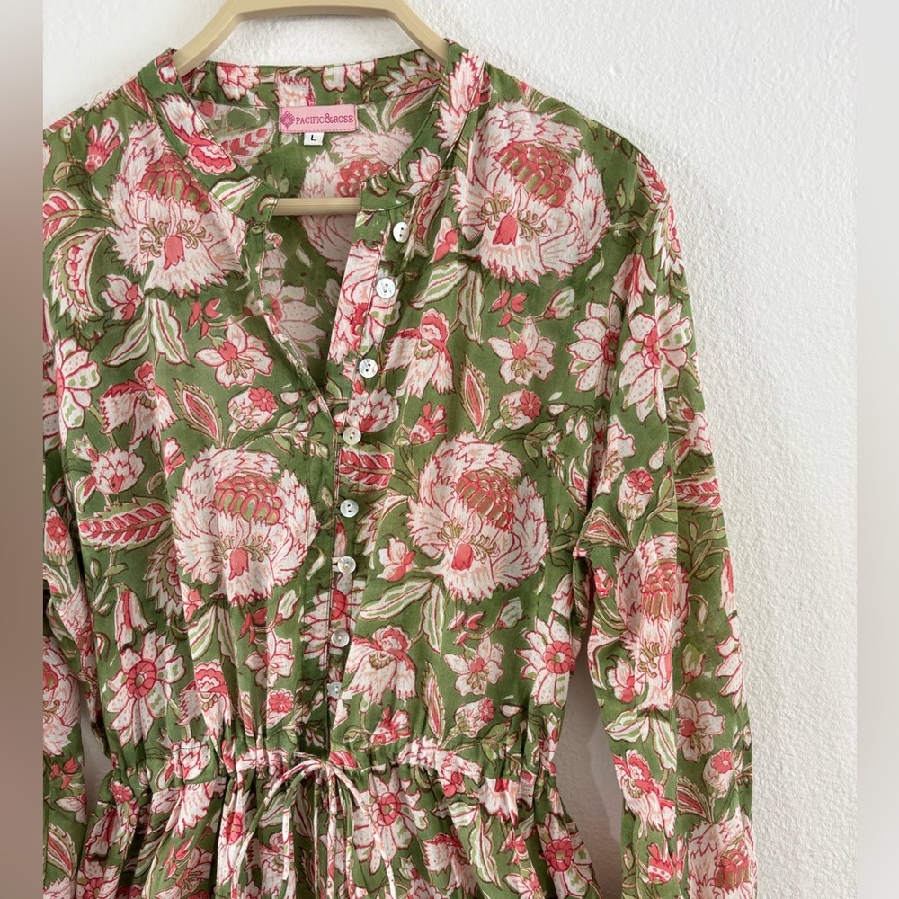 Pacific & Rose Textiles - Hilia Midi Tiered Dress, Pink & Green Floral - Picture 4 of 11